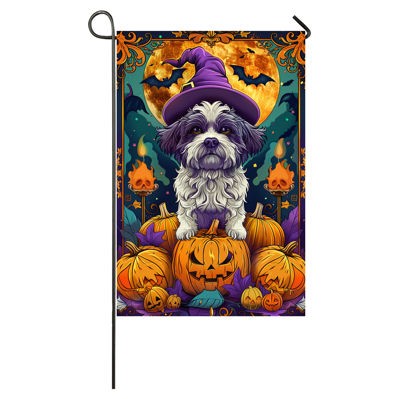 Shih Tzu Dog Halloween Garden Flag, Spooky Dog Witch Halloween House Flag