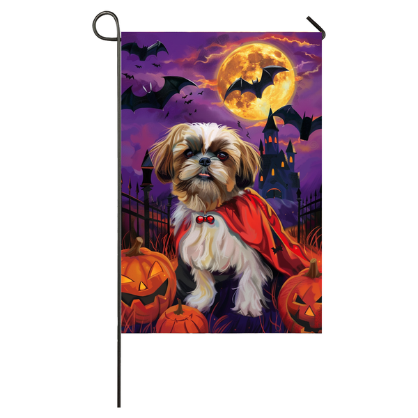 Shih Tzu Dog Halloween Garden Flag, Spooky Dog Vampire Halloween House Flag