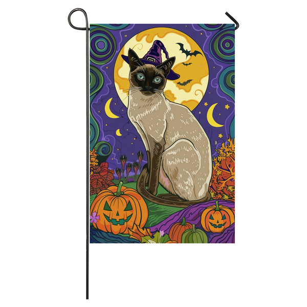 Siamese Cat Halloween Garden Flag, Spooky Cat Witch Halloween House Flag