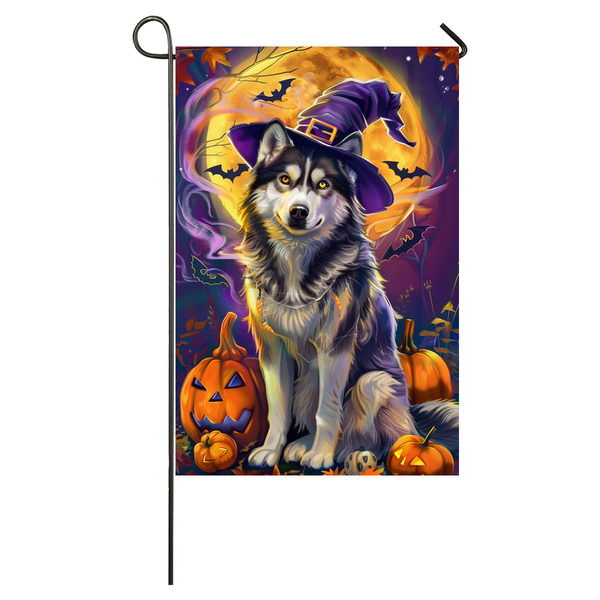 Siberian Husky Dog Halloween Garden Flag, Spooky Dog Witch Halloween House Flag