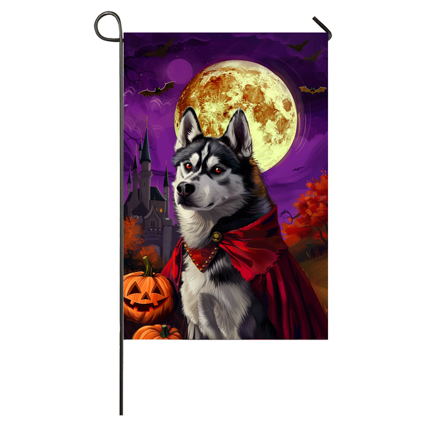 Siberian Husky Dog Halloween Garden Flag, Spooky Dog Vampire Halloween House Flag