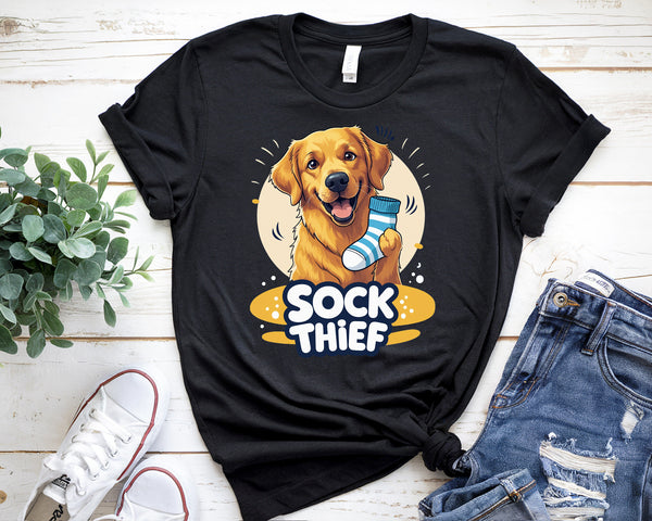 Sock Thief Dog T-Shirt – Funny Golden Retriever Stealing Socks Tee