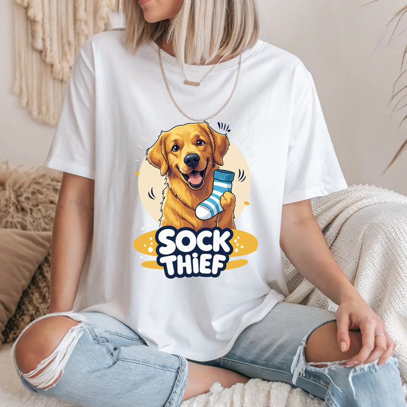 Sock Thief Dog T-Shirt – Funny Golden Retriever Stealing Socks Tee