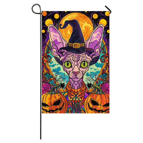 Sphynx Cat Halloween Garden Flag, Spooky Cat Witch Halloween House Flag