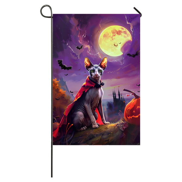 Sphynx Cat Halloween Garden Flag, Spooky Cat Vampire Halloween House Flag