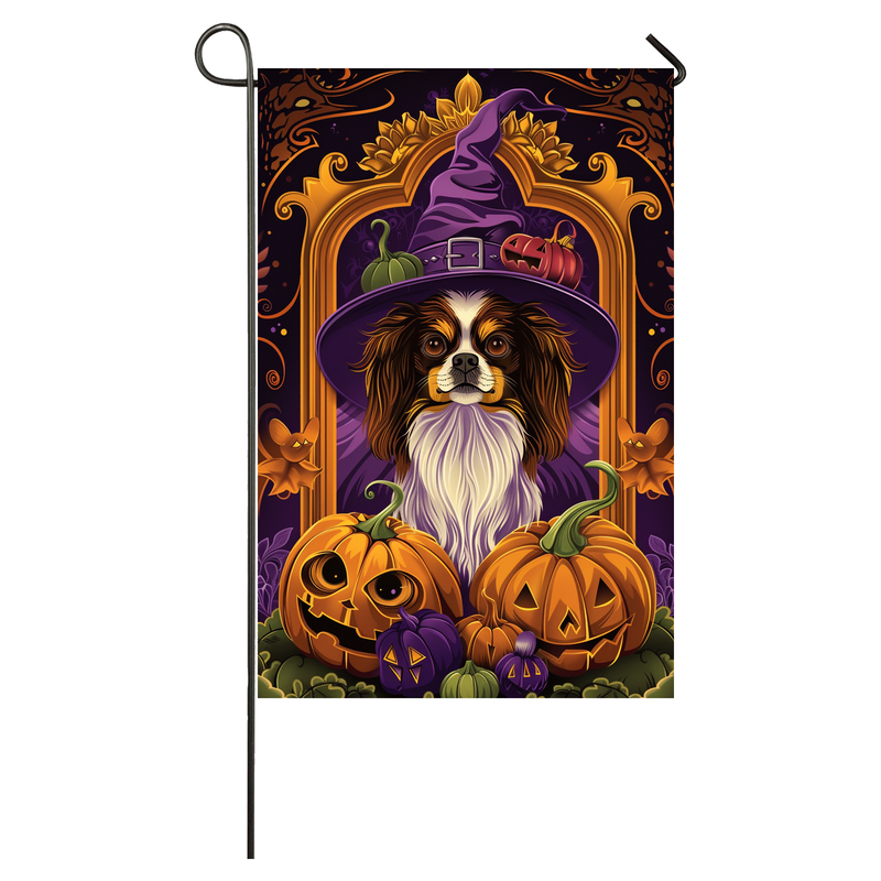 Tibetan Spaniel Dog Halloween Garden Flag, Spooky Dog Witch Halloween House Flag