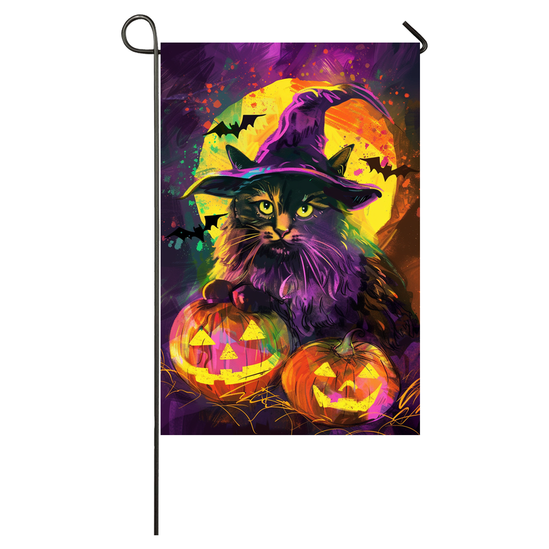 Turkish Angora Cat Halloween Garden Flag, Spooky Cat Witch Halloween House Flag