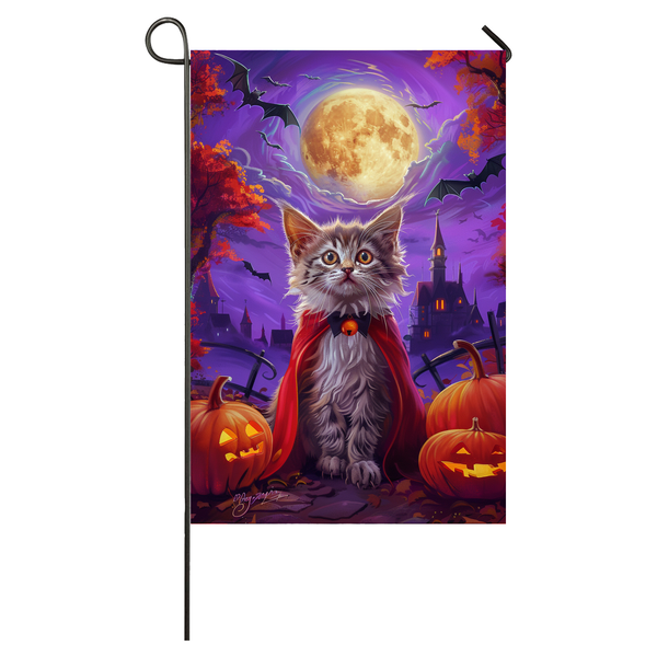 Turkish Angora Cat Halloween Garden Flag, Spooky Cat Vampire Halloween House Flag