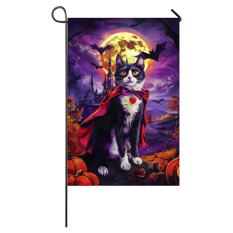 Tuxedo Cat Halloween Garden Flag, Spooky Cat Vampire Halloween House Flag