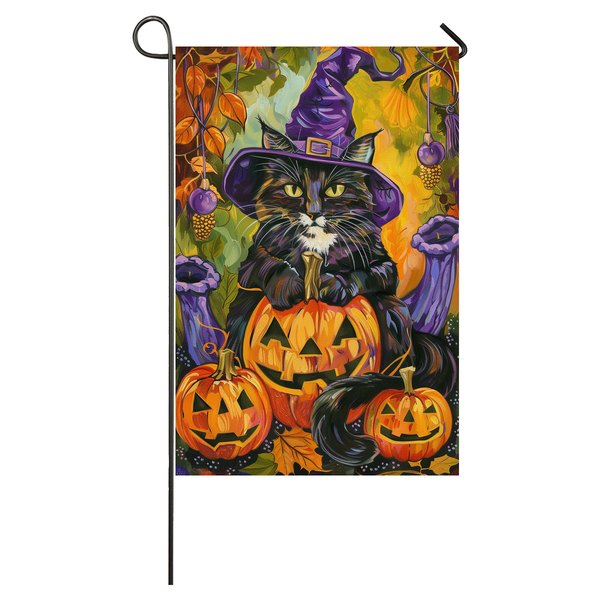 Tuxedo Cat Halloween Garden Flag, Spooky Cat Witch Halloween House Flag