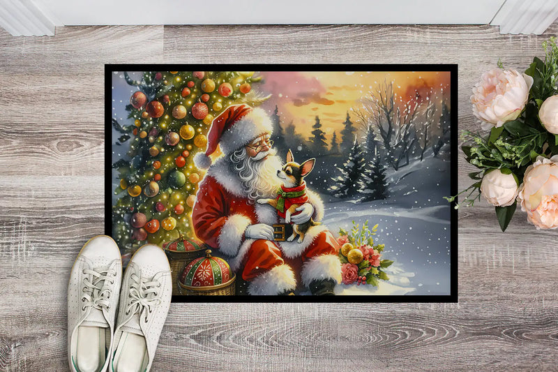 Christmas Doormat with Chihuahua Dog, Santa Claus & Snowy Background – Holiday Door Mat for Indoor or Outdoor Use