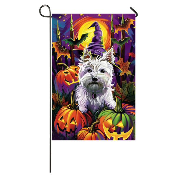 West Highland White Terrier Dog Halloween Garden Flag, Spooky Dog Witch Halloween House Flag