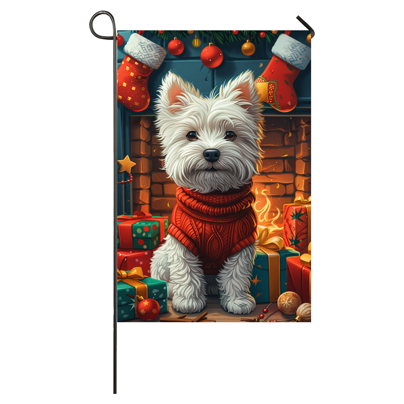 West Highland White Terrier Dog Christmas Garden Flag & House Flag | Kawaii Holiday Art | Cute West Highland White Terrier in Cozy Sweater by Fireplace