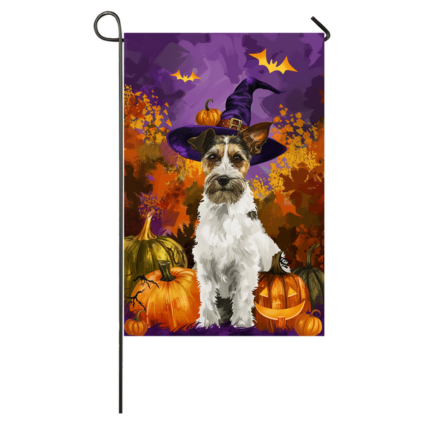 Wirefox Terrier Dog Halloween Garden Flag, Spooky Dog Witch Halloween House Flag