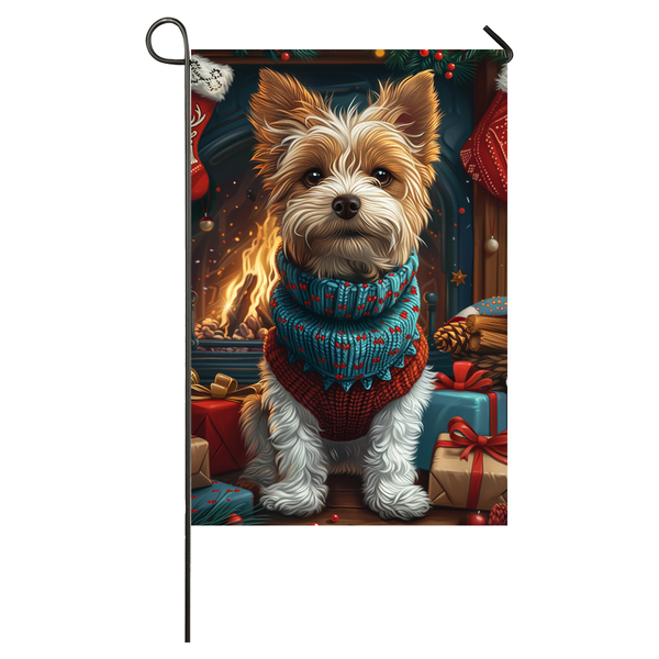 Wire Fox Terrier Dog Christmas Garden Flag & House Flag | Kawaii Holiday Art | Cute Wire Fox Terrier in Cozy Sweater by Fireplace