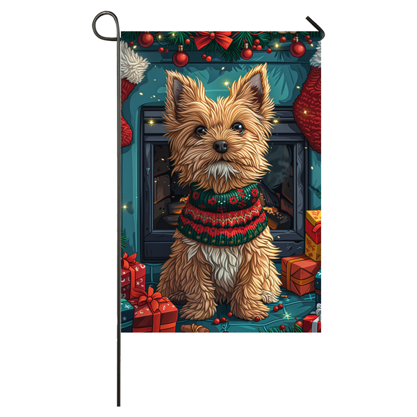 Wirehaired Pointing Griffon Dog Christmas Garden Flag & House Flag | Kawaii Holiday Art | Cute Wirehaired Pointing Griffon in Cozy Sweater by Fireplace