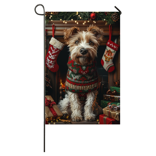 Wolfhound Dog Christmas Garden Flag & House Flag | Kawaii Holiday Art | Cute Wolfhound in Cozy Sweater by Fireplace