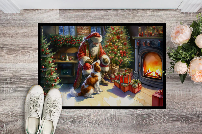 Christmas Doormat with Brittany Dog, Santa Claus, Christmas Tree & Fireplace – Holiday Door Mat for Indoor or Outdoor Use