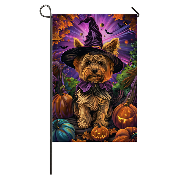 Yorkipoo Dog Halloween Garden Flag, Spooky Dog Witch Halloween House Flag