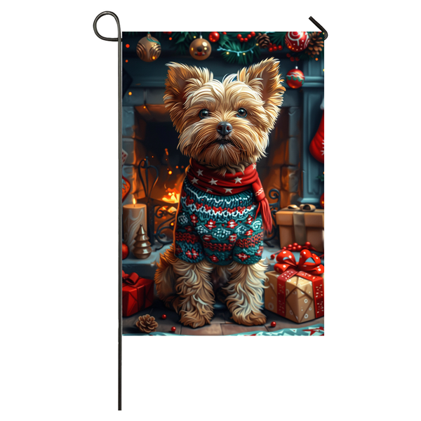 Yorkipoo Dog Christmas Garden Flag & House Flag | Kawaii Holiday Art | Cute Yorkipoo in Cozy Sweater by Fireplace