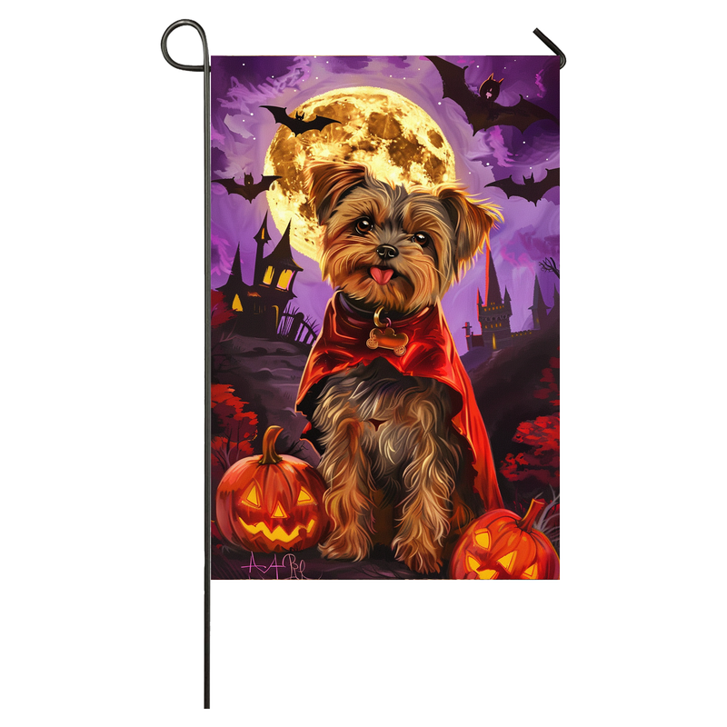 Yorkipoo Dog Halloween Garden Flag, Spooky Dog Vampire Halloween House Flag