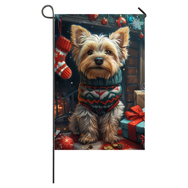 Yorkshire Terrier Dog Christmas Garden Flag & House Flag | Kawaii Holiday Art | Cute Yorkshire Terrier in Cozy Sweater by Fireplace