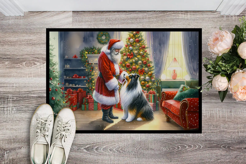 Christmas Doormat with Collie Dog, Santa Claus & Christmas Tree Inside House – Holiday Door Mat for Indoor or Outdoor Use